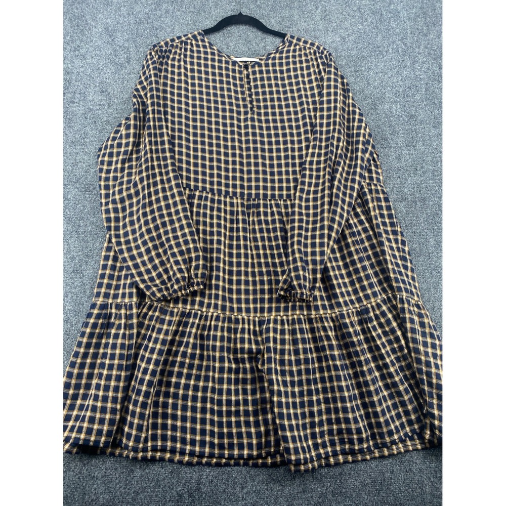 LOFT Plaid Tiered Mini Dress Womens XL Navy Gold Metallic Long Sleeve Shift 2263